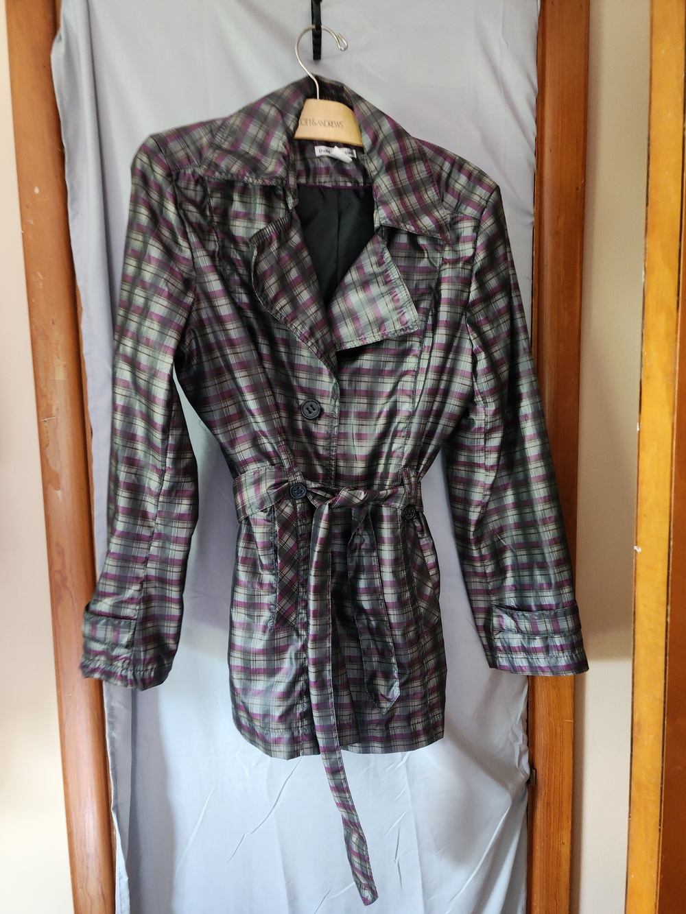 Dalia Collection Plaid Trench Coat in Purple and Gray